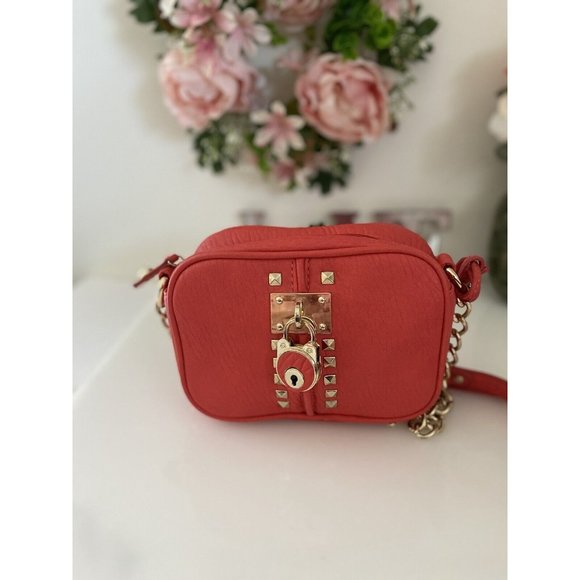 Vtg Crossbody Bag Orange Purse Partial Chain Strap Small Locket Studs Accents - Picture 12 of 16